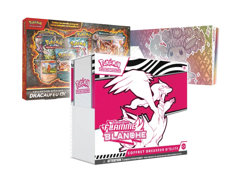 PACK: ETB EV10.5 - FLAMME BLANCHE + SUPER PREMIUM EV8.5 + COFFRET DRACAUFEU EX COLLECTION SPECIAL