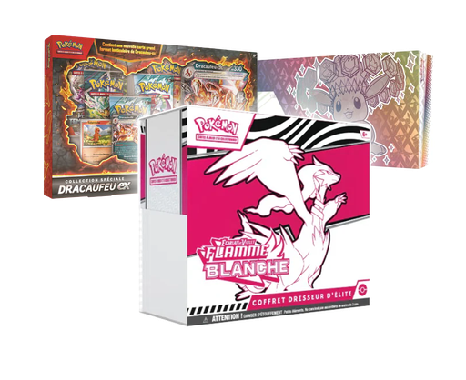PACK: ETB EV10.5 - FLAMME BLANCHE + SUPER PREMIUM EV8.5 + COFFRET DRACAUFEU EX COLLECTION SPECIAL